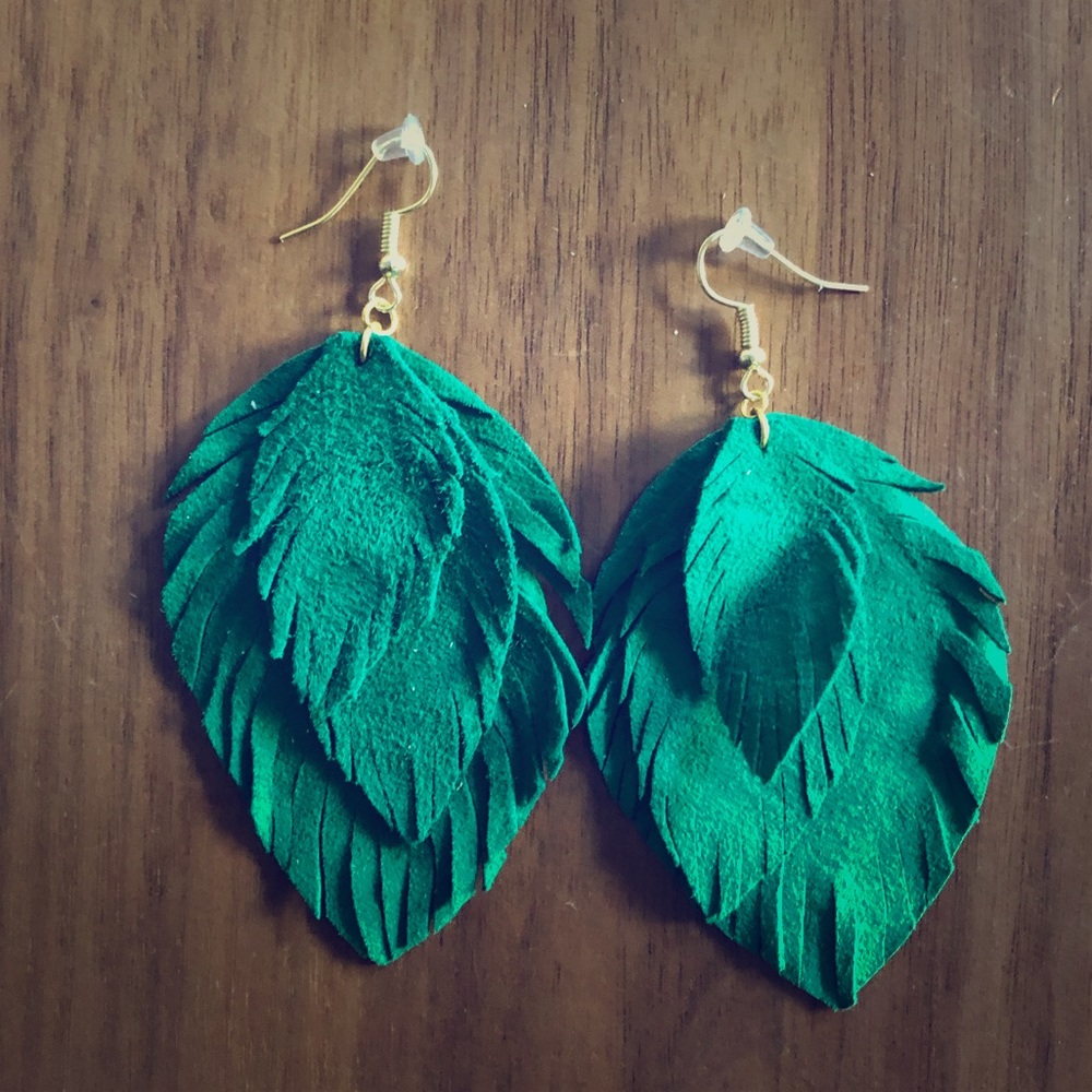 Teal suede feather earrings